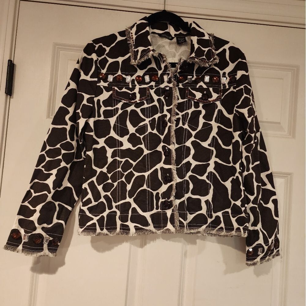 NWT Moka Sport brown and white animal print jeweled fringe lightweight jacket S